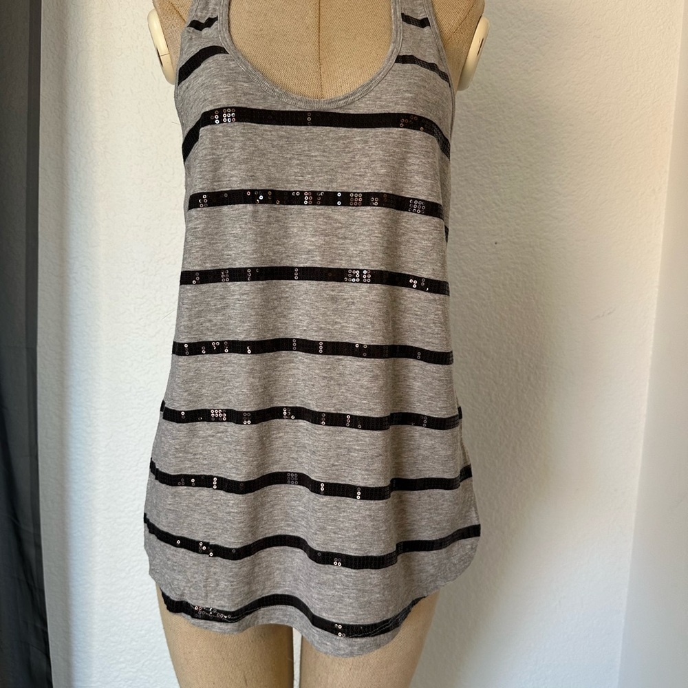 PINK Victoria's Secret Gray Tank Top with Black Sequin Stripes